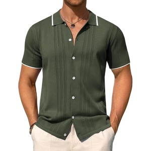 image:imageMens Knit Shirt Short Sleeve Button Down Shirt Textured Casual Summer Tops  Knit Hollow Stretch Fabric To Easy Care  Beach Vacation Summer Daily Lightweight Breathable Spread Collar Regular FitArmy Green