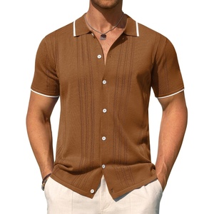 image:imageMens Knit Shirt Short Sleeve Button Down Shirt Textured Casual Summer Tops  Knit Hollow Stretch Fabric To Easy Care  Beach Vacation Summer Daily Lightweight Breathable Spread Collar Regular FitBrown