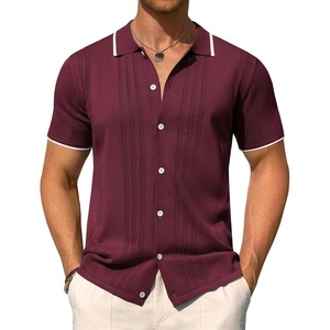 image:imageMens Knit Shirt Short Sleeve Button Down Shirt Textured Casual Summer Tops  Knit Hollow Stretch Fabric To Easy Care  Beach Vacation Summer Daily Lightweight Breathable Spread Collar Regular FitBurgundy