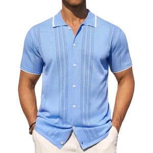 image:imageMens Knit Shirt Short Sleeve Button Down Shirt Textured Casual Summer Tops  Knit Hollow Stretch Fabric To Easy Care  Beach Vacation Summer Daily Lightweight Breathable Spread Collar Regular FitBlue