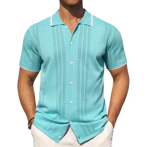 image:imageMens Knit Shirt Short Sleeve Button Down Shirt Textured Casual Summer Tops  Knit Hollow Stretch Fabric To Easy Care  Beach Vacation Summer Daily Lightweight Breathable Spread Collar Regular FitTeal