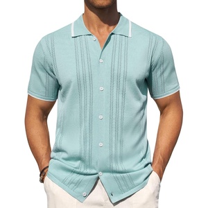 image:imageMens Knit Shirt Short Sleeve Button Down Shirt Textured Casual Summer Tops  Knit Hollow Stretch Fabric To Easy Care  Beach Vacation Summer Daily Lightweight Breathable Spread Collar Regular FitLight Green