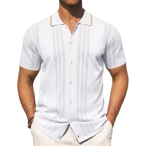 image:imageMens Knit Shirt Short Sleeve Button Down Shirt Textured Casual Summer Tops  Knit Hollow Stretch Fabric To Easy Care  Beach Vacation Summer Daily Lightweight Breathable Spread Collar Regular FitWhite