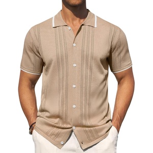 image:imageMens Knit Shirt Short Sleeve Button Down Shirt Textured Casual Summer Tops  Knit Hollow Stretch Fabric To Easy Care  Beach Vacation Summer Daily Lightweight Breathable Spread Collar Regular FitKhaki