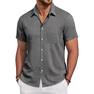 image:imageMens Linen Shirt Short Sleeve Button Down Shirt Casual Beach Wedding Shirts  Pattern CollarLinen Textured Fabric Easy CareWedding Vacation GraduationWork OfficeLightweight ComfortableRegular FitGrey