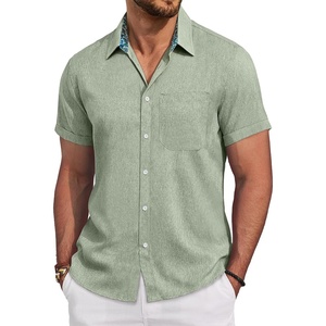 image:imageMens Linen Shirt Short Sleeve Button Down Shirt Casual Beach Wedding Shirts  Pattern CollarLinen Textured Fabric Easy CareWedding Vacation GraduationWork OfficeLightweight ComfortableRegular FitGreen