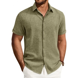 image:imageMens Linen Shirt Short Sleeve Button Down Shirt Summer Casual Beach Tops  Lightweight Breathable Shrinkresistant Linen Texture Relaxed Fit Button Up for Vacation Wedding Work Office Date DailyArmy Green
