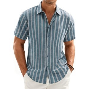 image:imageMens Linen Shirt Striped Short Sleeve Button Down Summer Beach Shirt  Linen Texture Wrinkle Free Breathable Lightweight Shrink Resistant Striped Vintage Summer Travel Wedding Party BusinessBlue