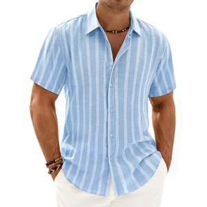 image:imageMens Linen Shirt Striped Short Sleeve Button Down Summer Beach Shirt  Linen Texture Wrinkle Free Breathable Lightweight Shrink Resistant Striped Vintage Summer Travel Wedding Party BusinessLight Blue
