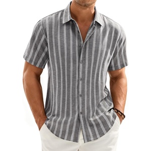 image:imageMens Linen Shirt Striped Short Sleeve Button Down Summer Beach Shirt  Linen Texture Wrinkle Free Breathable Lightweight Shrink Resistant Striped Vintage Summer Travel Wedding Party BusinessGrey