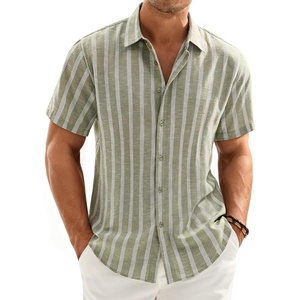 image:imageMens Linen Shirt Striped Short Sleeve Button Down Summer Beach Shirt  Linen Texture Wrinkle Free Breathable Lightweight Shrink Resistant Striped Vintage Summer Travel Wedding Party BusinessGreen