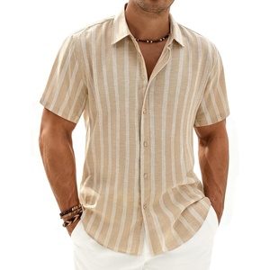 image:imageMens Linen Shirt Striped Short Sleeve Button Down Summer Beach Shirt  Linen Texture Wrinkle Free Breathable Lightweight Shrink Resistant Striped Vintage Summer Travel Wedding Party BusinessTan