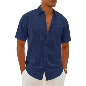 image:imageMens Linen Textured Shirt Cotton Short Sleeve Summer Button Down Shirts  100 Cotton Linenlook Texture Casual Wear Breathable Feel Lightweight Untucked Regular Fit Beach Vacation ResortNavy Blue