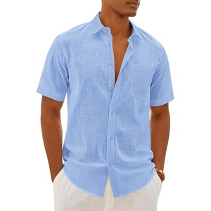 image:imageMens Linen Textured Shirt Cotton Short Sleeve Summer Button Down Shirts  100 Cotton Linenlook Texture Casual Wear Breathable Feel Lightweight Untucked Regular Fit Beach Vacation ResortSky Blue