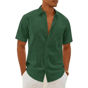 image:imageMens Linen Textured Shirt Cotton Short Sleeve Summer Button Down Shirts  100 Cotton Linenlook Texture Casual Wear Breathable Feel Lightweight Untucked Regular Fit Beach Vacation ResortArmy Green