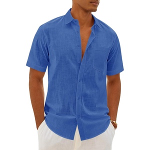 image:imageMens Linen Textured Shirt Cotton Short Sleeve Summer Button Down Shirts  100 Cotton Linenlook Texture Casual Wear Breathable Feel Lightweight Untucked Regular Fit Beach Vacation ResortDenim Blue