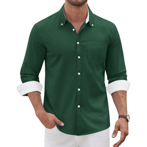 image:imageMens Oxford Stretch Shirt Casual Long Sleeve Button Down Dress Shirt  Contrast Collar Cuffs Formal Casual Easy Care Stretch Comfort Regular Fit for Wedding Vacation Work Office WeekendGreen