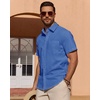 image:imageMens Linen Textured Shirt Cotton Short Sleeve Summer Button Down ShirtsDenim Blue