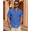 image:imageMens Linen Textured Shirt Cotton Short Sleeve Summer Button Down ShirtsDenim Blue
