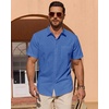 image:imageMens Linen Textured Shirt Cotton Short Sleeve Summer Button Down ShirtsDenim Blue
