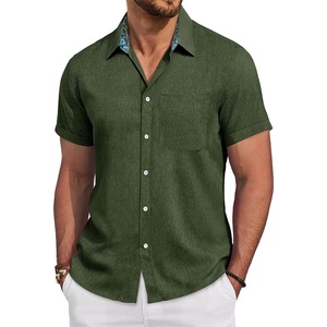 image:imageMens Linen Shirt Short Sleeve Button Down Shirt Casual Beach Wedding ShirtsOlive Green