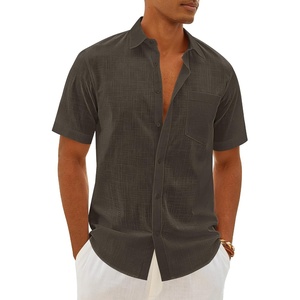 image:imageMens Linen Textured Shirt Cotton Short Sleeve Summer Button Down ShirtsBrown