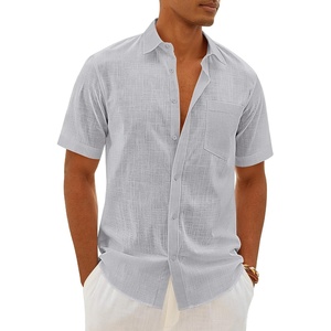 image:imageMens Linen Textured Shirt Cotton Short Sleeve Summer Button Down ShirtsLight Grey