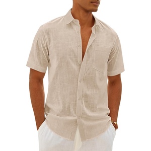 image:imageMens Linen Textured Shirt Cotton Short Sleeve Summer Button Down ShirtsLight Khaki
