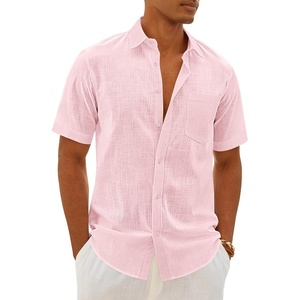 image:imageMens Linen Textured Shirt Cotton Short Sleeve Summer Button Down ShirtsLight Pink