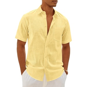 image:imageMens Linen Textured Shirt Cotton Short Sleeve Summer Button Down ShirtsLight Yellow