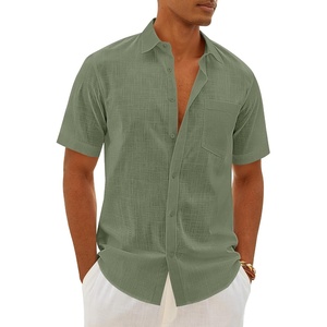 image:imageMens Linen Textured Shirt Cotton Short Sleeve Summer Button Down ShirtsOlive Green