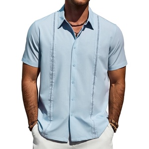 image:imageMens Cuban Guayabera Short Sleeve Button Down Shirt Casual Beach SummerLight Blue
