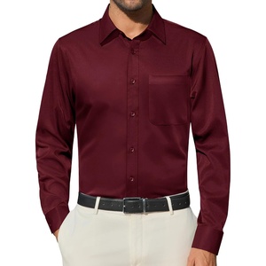 image:imageAlimens amp Gentle Burgundy Mens Dress Shirt Wrinkle Free Button Up Long Sleeve Shirt Pocket Solid Shopping Untucked Shirts