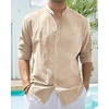 image:imageAlimens amp Gentle Mens Cotton Linen Shirts Long Sleeve Button Down Shirt Band Collar Beach ShirtsCamel