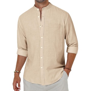 image:imageAlimens amp Gentle Mens Cotton Linen Shirts Long Sleeve Button Down Shirt Band Collar Beach ShirtsCamel